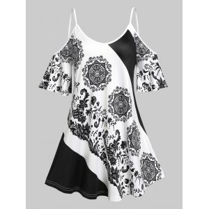 

Plus Size Cold Shoulder Tribal Print Tee, White