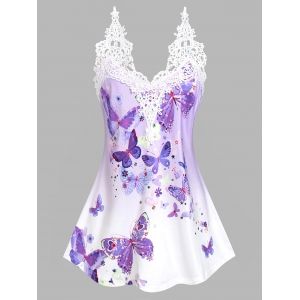 

Lace Insert Floral Butterfly Print Tank Top, Light purple