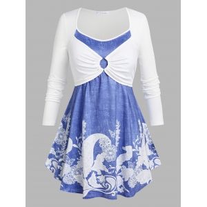 

Plus Size Floral Print O Ring 2 in 1 T-shirt, Blue