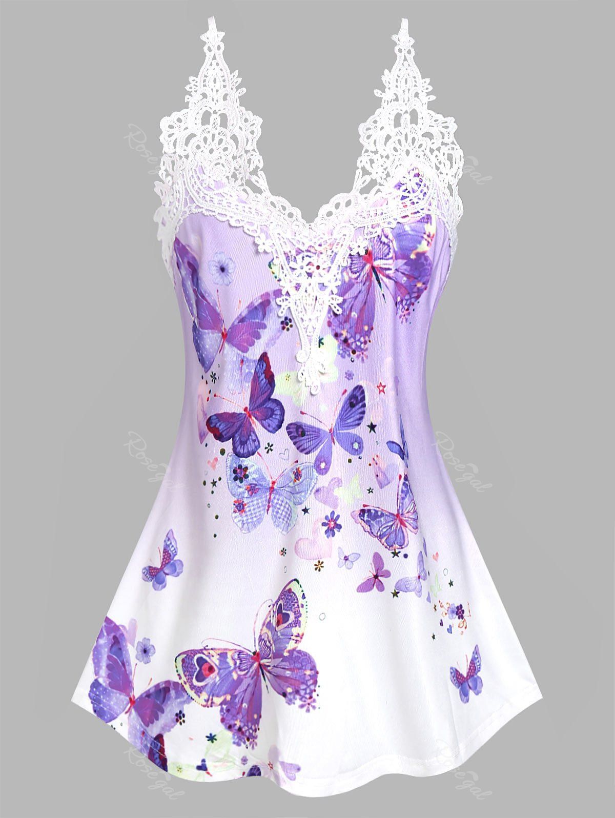 Chic Lace Insert Floral Butterfly Print Tank Top  