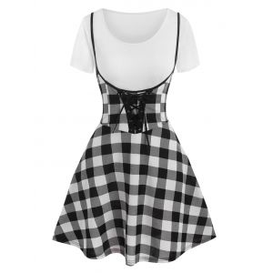 

Two Tone Lace Up Two Piece Suspender Skirt Set, White