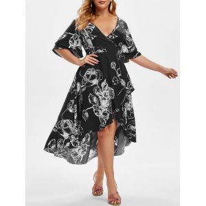 

Plus Size Bell Sleeve Floral Print High Low Midi Dress, Black