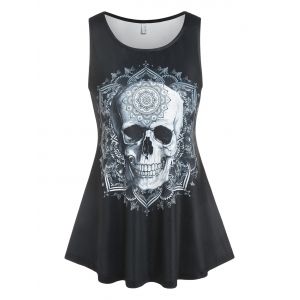 

Skull Flower Print Scoop Neck Tank Top, Black