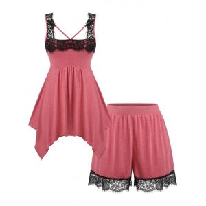 

Plus Size Handkerchief Lace Panel Tank Top and Shorts Pajamas Set, Red