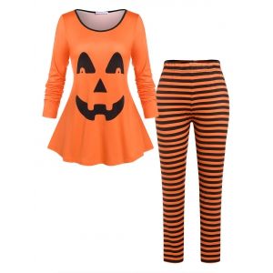 

Plus Size Pumpkin Face Print Striped Halloween Pajamas Set, Orange