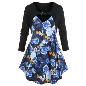 

Plus Size Cutout Flower Skirted Round Hem T-shirt, Black