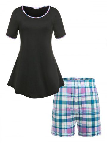Conjunto Pijama a Cuadros Shorts Tamaño Plus - BLACK - 5X