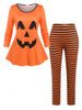 Plus Size Pumpkin Face Print Striped Halloween Pajamas Set -  