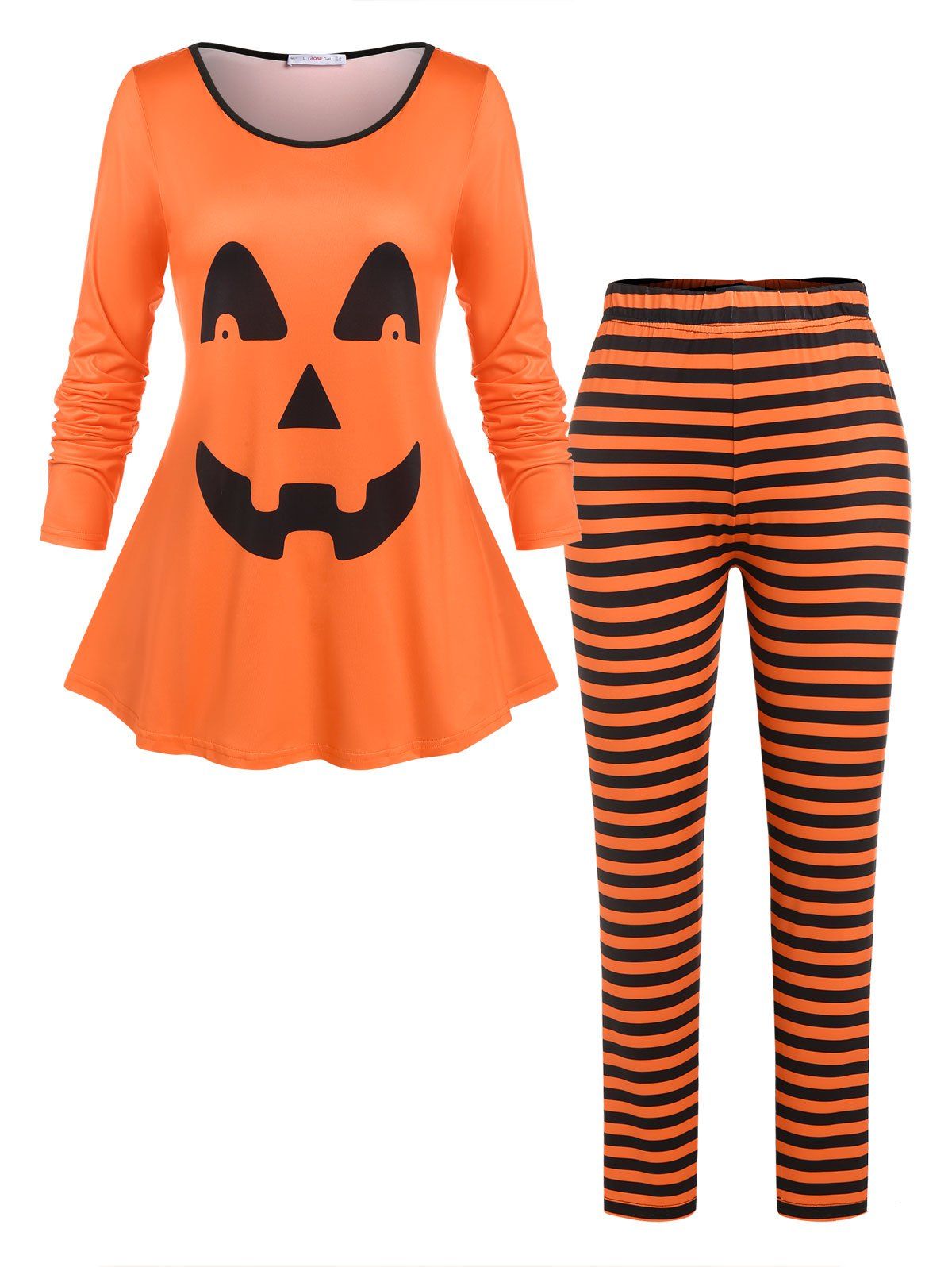 Best Plus Size Pumpkin Face Print Striped Halloween Pajamas Set  