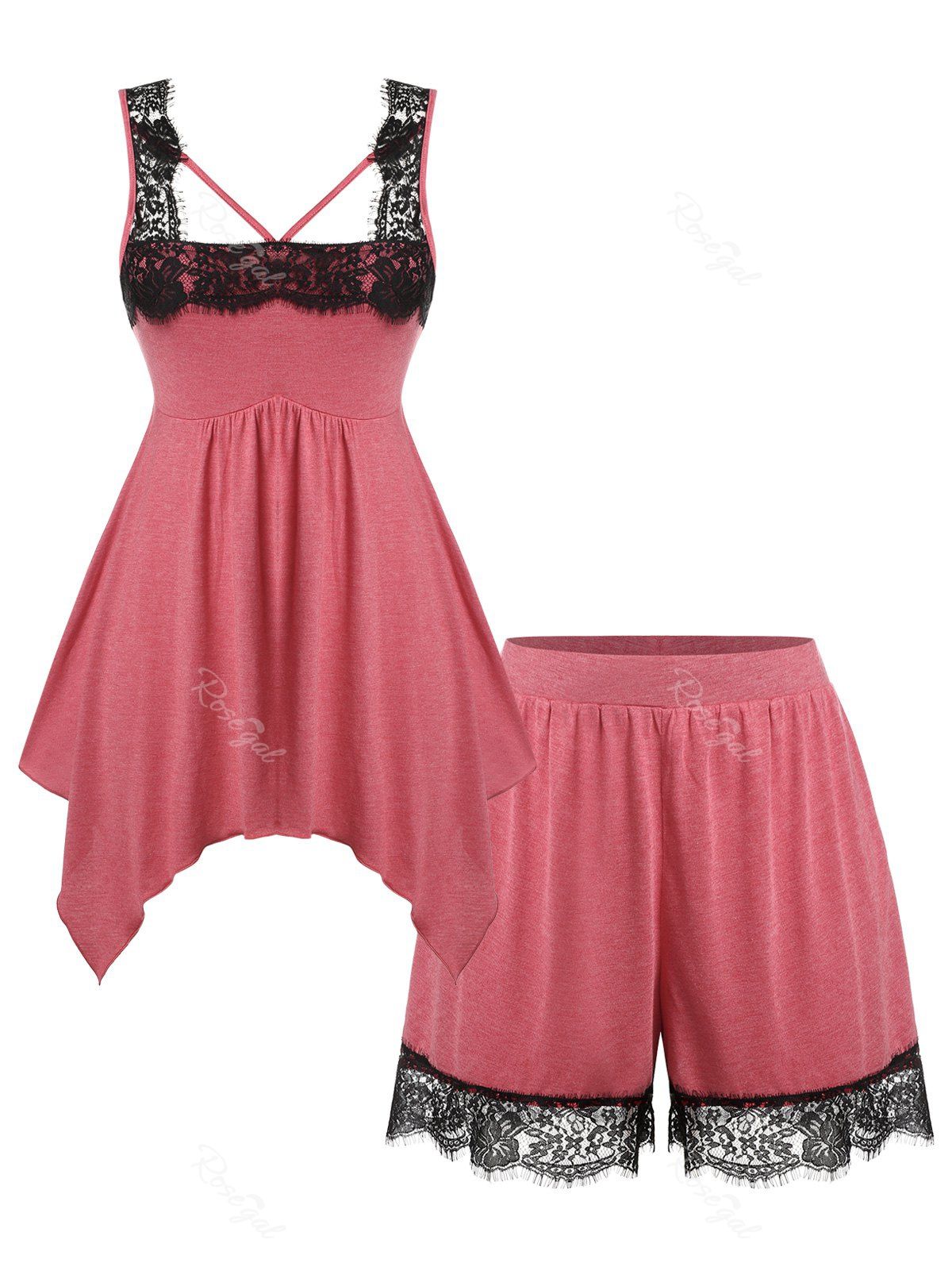 Sale Plus Size Handkerchief Lace Panel Tank Top and Shorts Pajamas Set  