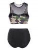 Mesh Panel Camo Ruched Racer Tankini Swimwear -  