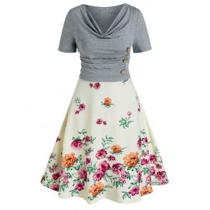 

Cowl Neck Floral Print Mixed Media Dress, Multi