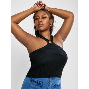 

Plus Size Ring Knit Crisscross Back Tank Top, Black