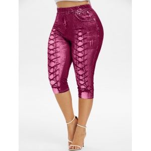 

Plus Size 3D Lace Up Jean Print Capri Leggings, Deep red