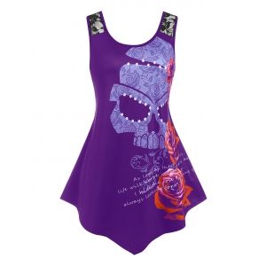 

Plus Size Lace Panel Skull Floral Print Irregular Tank Top, Concord