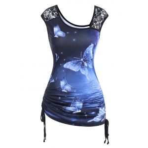 

Lace Panel Cinched Galaxy Butterfly Print Tank Top, Blue