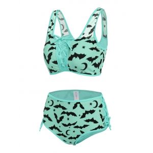 

Bat Crescent Mesh Lace-up Padded Bikini Set, Light green