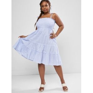 

Plus Size Pinstriped Tie Shoulder Smocked Bodice Tiered Midi Dress, Light blue