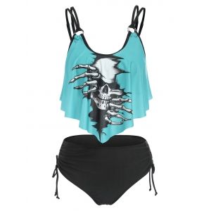 

Skull Print Cinched Strappy Tankini Set, Light blue