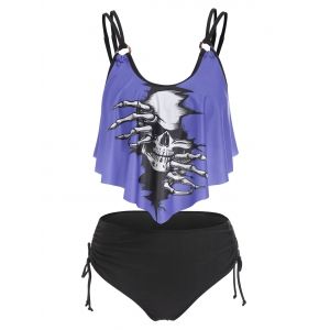 

Skull Print Cinched Strappy Tankini Set, Light purple
