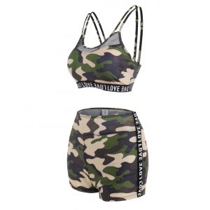 

Camouflage Love Tape Fishnet Panel Boyshorts Tankini Swimwear, Deep green