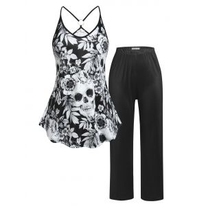 

Plus Size Skull Rose Print Pants Pajamas Set, Black