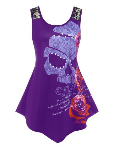 Plus Size Lace Panel Skull Floral Print Irregular Gothic Tank Top - CONCORD - 2X