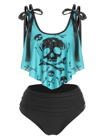 Skull Print Bowknot Padded Tankini Set - LIGHT BLUE - XXL