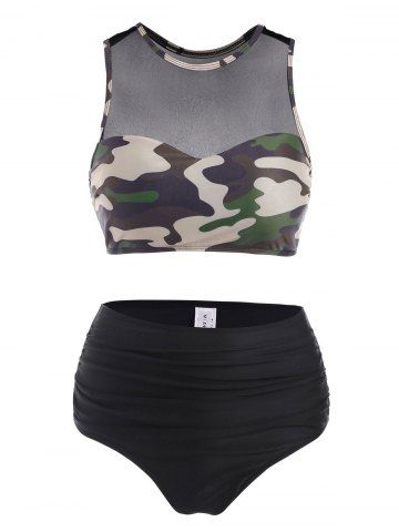 Mesh Panel Camo Ruched Racer Tankini Swimwear - BLACK - S