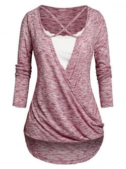 Plus Size&Curve Space Dye Cross Blouson T-shirt and Cami Top Set - DEEP RED - 5X