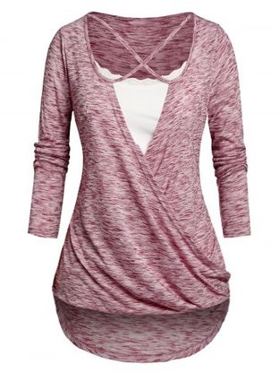 Plus Size&Curve Space Dye Cross Blouson T-shirt and Cami Top Set
