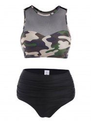 Mesh Panel Camo Ruched Racer Tankini Swimwear -  