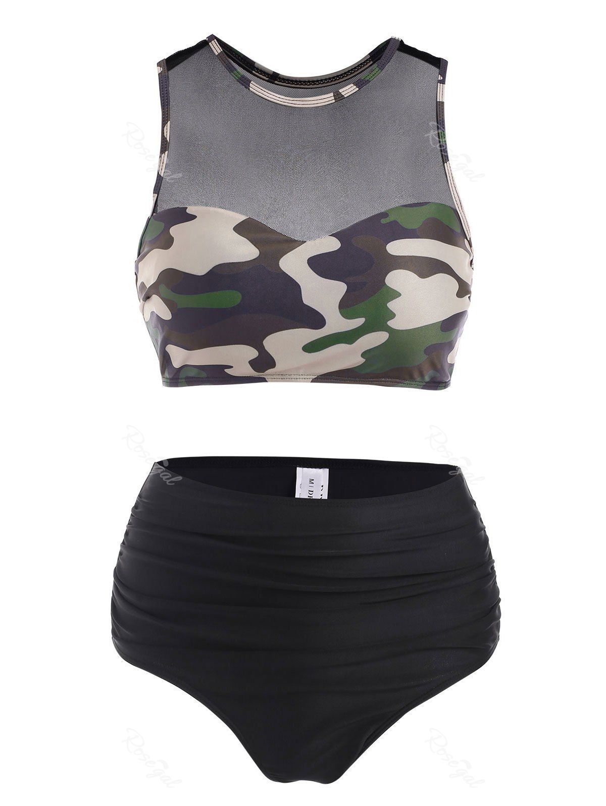 Maillot de Bain Tankini Camouflage Panneau en Maille à Volants Noir M