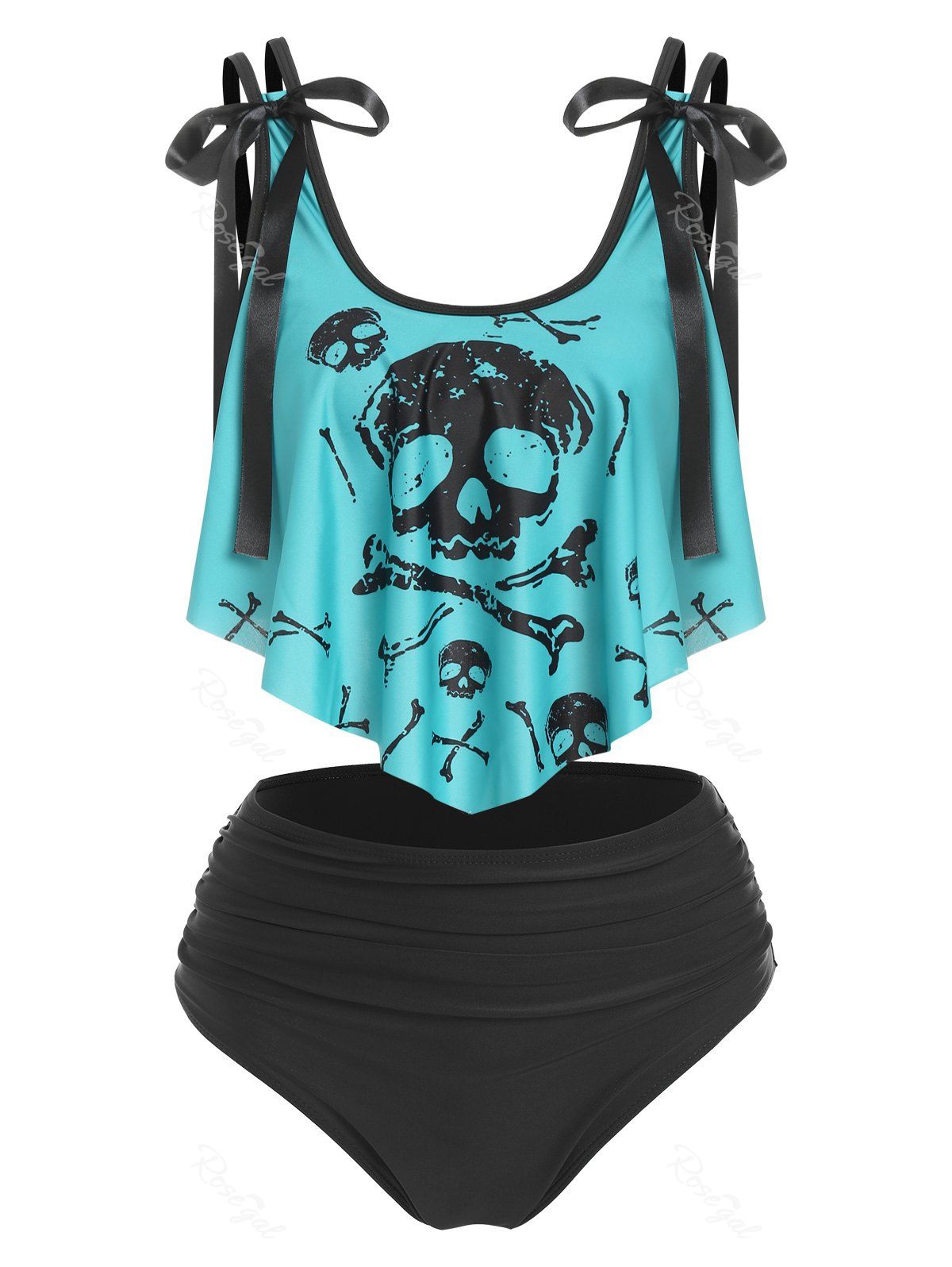 Cheap Skull Print Bowknot Padded Tankini Set  