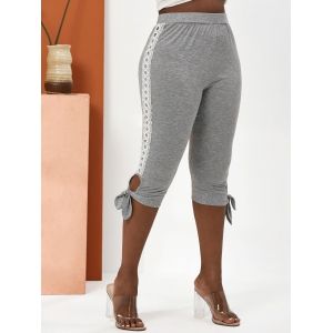 

Plus Size Crochet Insert Tied Capri Leggings, Light gray