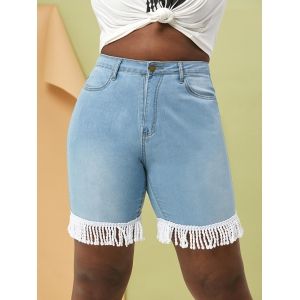 

Braided Fringes Plus Size Denim Bermuda Shorts, Light blue