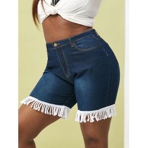 

Braided Fringes Plus Size Denim Bermuda Shorts, Deep blue