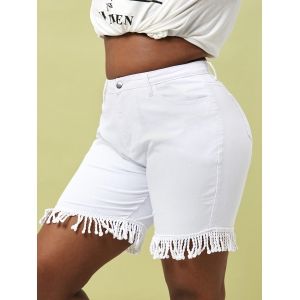 

Braided Fringes Plus Size Denim Bermuda Shorts, White