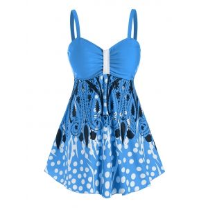 

Plus Size Paisley Polka Dot Print Padded Tankini Set, Blue