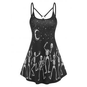 

Moon Stars Skeleton Print O-ring Dress, Black