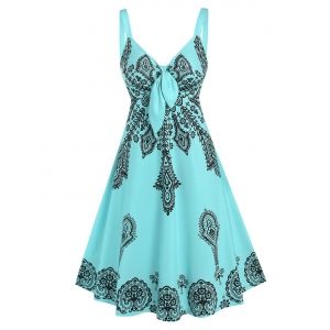 

Tribal Print Front Tie Midi Dress, Light blue