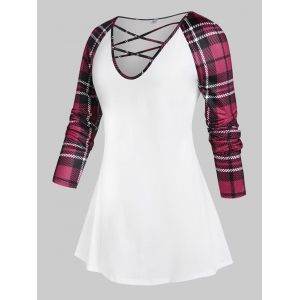 

Plus Size Raglan Sleeve Crisscross Plaid Tee, White