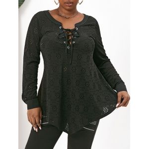 

Plus Size Lace Up Eyelet Roll Tab Sleeve Tunic Top, Black