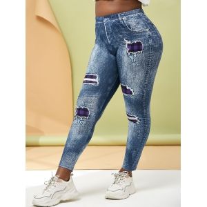 

Plus Size 3D Ripped Print Plaid Jeggings, Blue