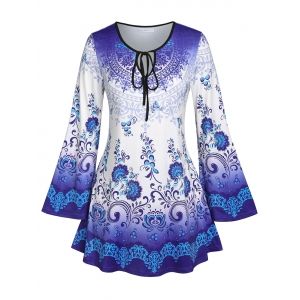 

Plus Size Keyhole Tie Printed Flare Sleeve Tunic Tee, Blue