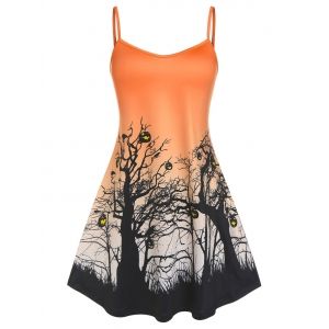 

Plus Size Tree Pumpkin Face Print Halloween Dress, Orange