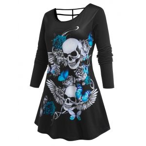 

Plus Size Skull Rose Print Cutout Halloween Tee, Black