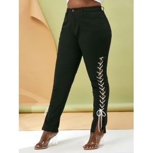 

Plus Size Contrast Lace Up Side Tapered Jeans, Black