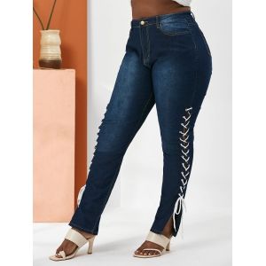 

Plus Size Contrast Lace Up Side Tapered Jeans, Deep blue