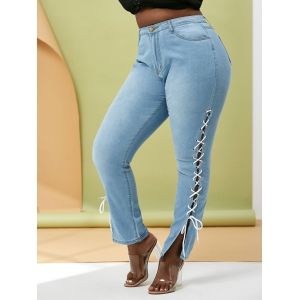 

Plus Size Contrast Lace Up Side Tapered Jeans, Light blue